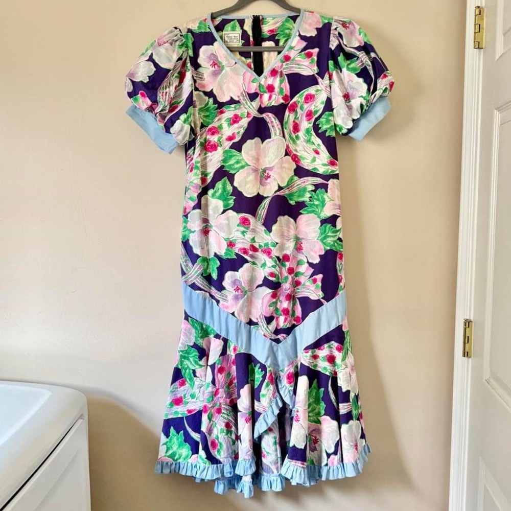 Vintage 60/70s Hawaiian dress purple pink blue midi mermaid trumpet resort